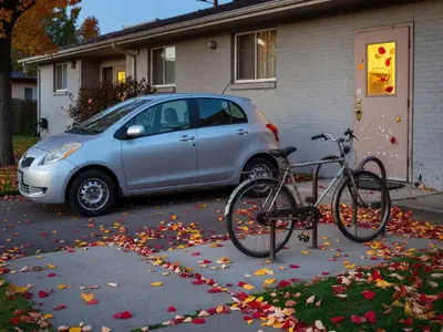 A small car parked nose-in beside a low-rise apartment building entrance, a bicycle locked near the door.