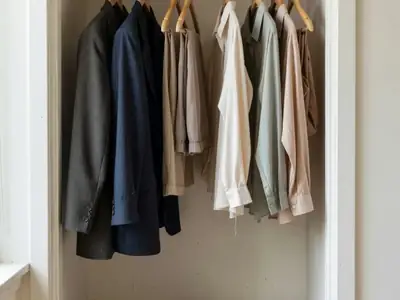 A small closet with a capsule of business-casual pieces, two blazers, neutral trousers and a few blouses on wooden hangers.