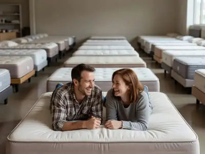 A couple lying on a mattress in a quiet showroom, testing it and laughing.