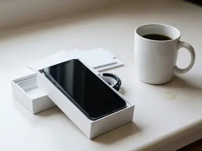 A new smartphone in a plain white box opened on a kitchen counter beside the cable and packaging.