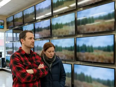 A couple standing in front of a wall of large flat-screen TVs in an electronics store, comparing them thoughtfully.