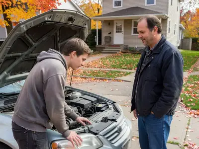 A young man looking under the hood of a used sedan in a private seller's driveway while the seller stands by.