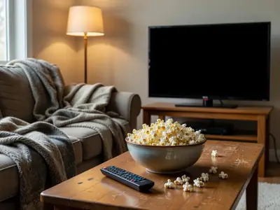 A living room movie night setup with a bowl of popcorn and a remote on a coffee table, TV off.