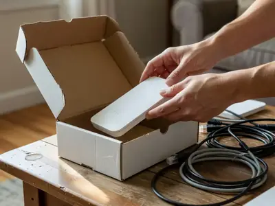 Hands unboxing a plain white modem from an unmarked cardboard box on a coffee table.