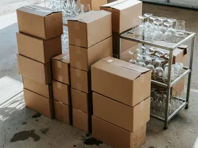 Cases of wine bottles and beer stacked on a garage floor beside rented glassware racks.