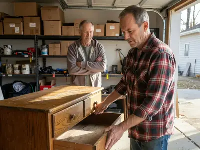 A man inspecting a used wooden dresser in a seller's garage, pulling out a drawer.