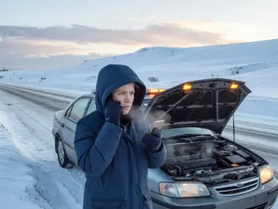 A woman in a winter coat standing beside her car with its hood open at the shoulder of a snowy road, phone to her ear.