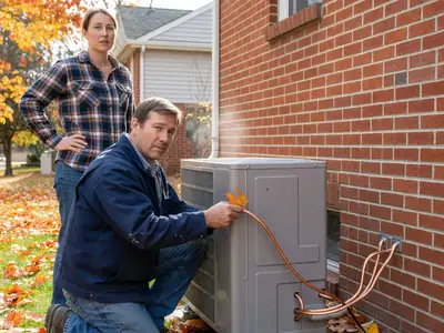 A contractor installing a heat pump outdoor unit beside a brick house while the homeowner watches.
