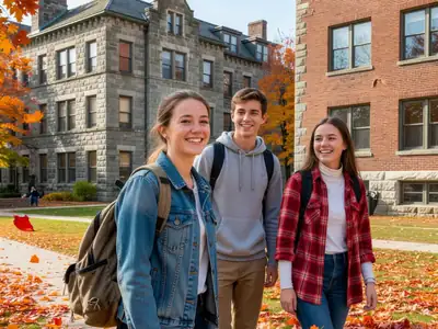 A first-year university student walking across a campus quad with a backpack, smiling with friends.