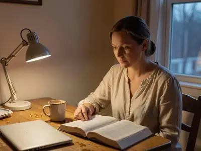 A woman studying at her kitchen table late in the evening after work, a textbook open.