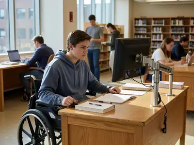 A student using a wheelchair working at a library desk with an adjustable monitor arm.