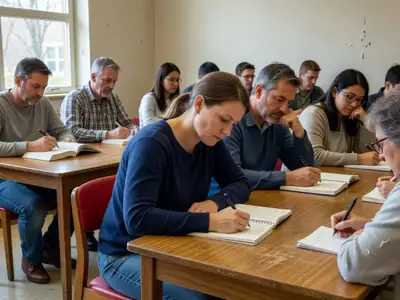 An adult learner in an evening class taking notes, other adults around a table.