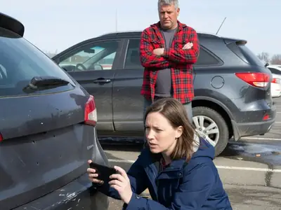 A woman photographing a minor dent on her car's rear bumper with her phone after a fender-bender in a parking lot.