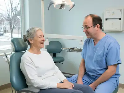 An older woman in a dental chair chatting with her dentist before a check-up.