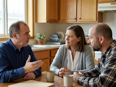 A couple in their forties sitting at a kitchen table with a mortgage adviser, the adviser talking and gesturing with an open hand.