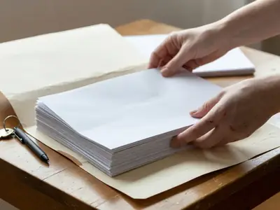 A pair of hands placing a neat stack of plain papers into a manila folder next to a set of keys.