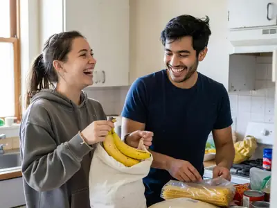 Two university roommates unloading groceries from cloth bags onto a small apartment kitchen counter.