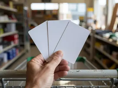 A hand holding three blank plastic loyalty cards fanned out over a shopping cart handle.