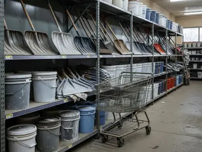 A seasonal aisle of a hardware store with snow shovels, ice melt pails and windshield scrapers on shelves.