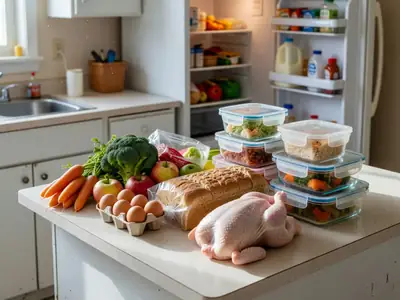 A week of groceries neatly organised on a kitchen counter next to an open fridge: produce, eggs, bread, a whole chicken and containers of prepped meals.