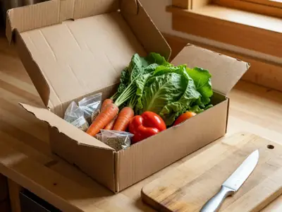 A meal-kit delivery box opened on a kitchen counter with fresh vegetables and small ingredient bags.