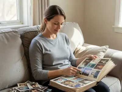 A woman flipping through a printed family photo album on her sofa.