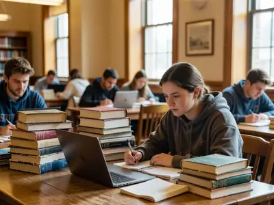 A university student writing an essay at a library table with a laptop.
