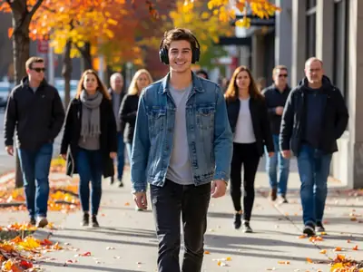 A young man walking along a city sidewalk with headphones on, smiling.