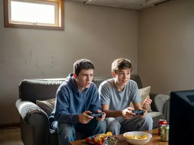 Two teenage brothers playing a video game on a couch with controllers.