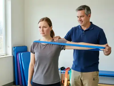 A woman at a physiotherapy appointment, the physiotherapist guiding her shoulder exercise with a resistance band.