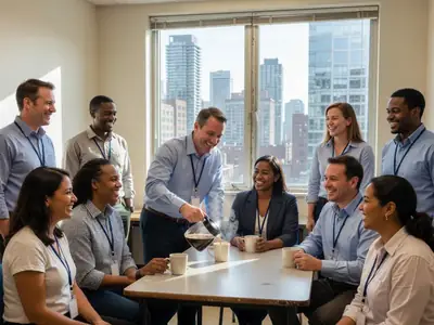 A team of office coworkers chatting in a bright break room, one pouring coffee, all smiling.