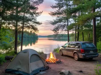 A family tent and a minivan at a lakeside campsite at dusk with a campfire.