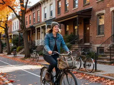 A young woman riding a bicycle with a tote bag in the front basket down a tree-lined residential street with a bike lane.