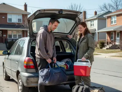 A couple loading weekend bags into the trunk of a small hatchback parked on a city street.