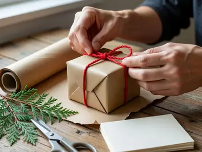 Close-up of hands wrapping a small gift box in plain kraft paper and tying it with red twine.