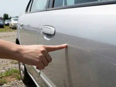 A hand running a finger along the side of a used car, checking a faint scratch on the paint.