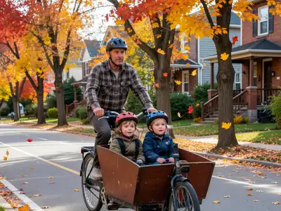 A father riding a cargo bike with two young children in the front box along a bike lane.