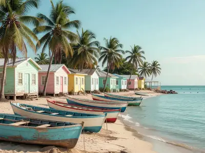 A pastel-coloured Caribbean beach town with fishing boats pulled onto the sand.