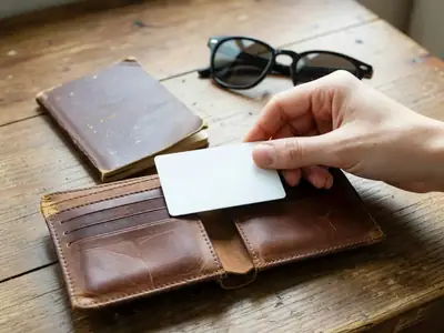A hand sliding a plain blank credit card into a travel wallet beside a passport.