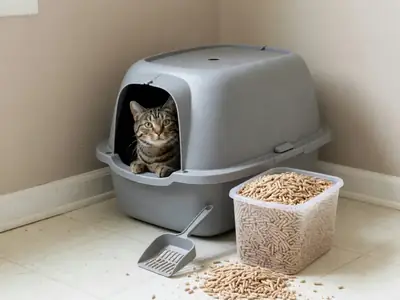 A covered cat litter box in a laundry room corner with a scoop and a bin of pine litter pellets beside it.