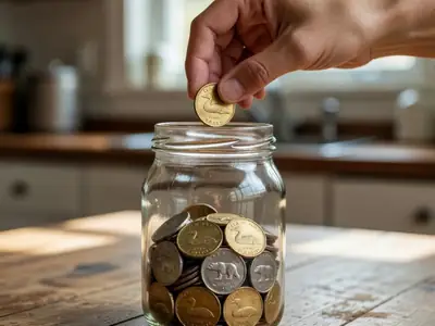 Close-up of a hand dropping a gold loonie into a glass jar already partly filled with loonies, toonies and quarters.