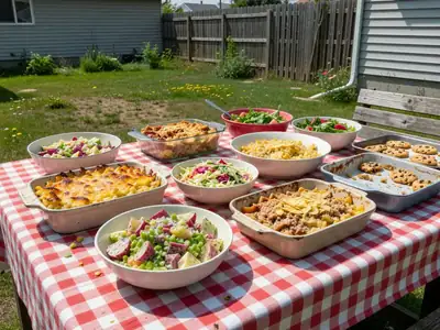 A potluck table with casserole dishes, salads and desserts in mismatched dishes.