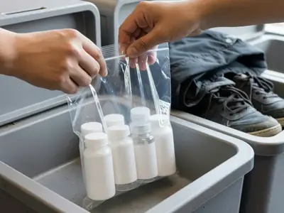 Close-up of hands placing a clear resealable plastic bag holding small plain white and clear travel bottles into a grey plastic airport security bin.