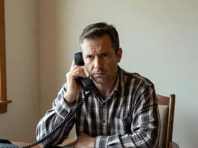 A man on the phone at his desk looking firm, a phone bill folded in front of him.