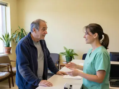 A man in his sixties at a dental reception desk asking a question, the receptionist explaining.
