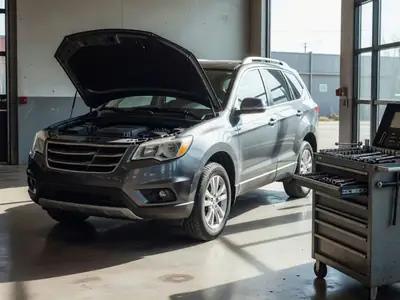 A clean late-model used SUV parked in a dealership service bay with the hood up.