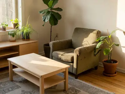 A small apartment living room furnished with a mix of flat-pack furniture and a secondhand armchair.