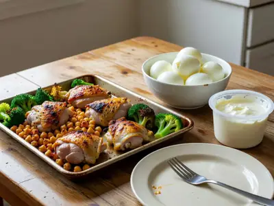 A sheet pan of roasted chicken thighs with chickpeas and broccoli next to a bowl of hard-boiled eggs and a tub of plain yogurt.