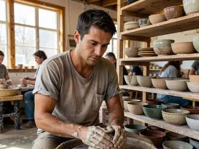 A man in his thirties at a pottery wheel in a community studio, hands covered in clay.
