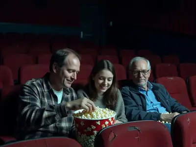 Friends sharing popcorn in a movie theatre, lit by the screen glow.